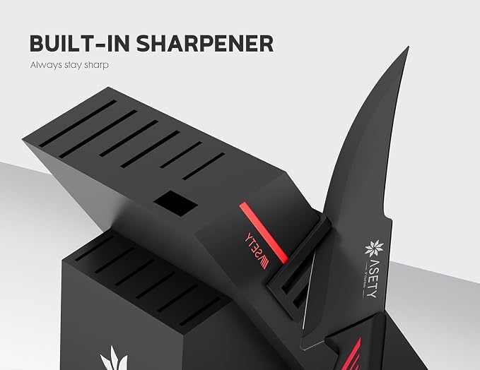 ASETY Knife Set with Block, 15 PCS Kitchen knife Set, Dishwasher Safe, Red | Razor Sharp Knives, Wood Knife Block with Built-In Sharpener, Stainless Steel, Ergonomic Handle, Elegant Box for Men Women