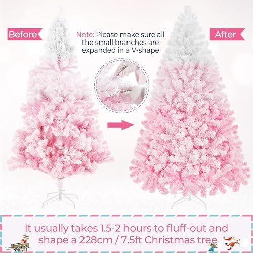Yaheetech 7.5ft Prelit Flocked Christmas Tree, Pink & White, 550 Lights