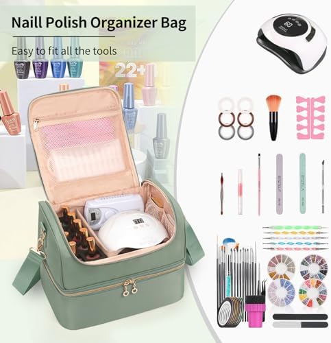 Nail Polish Organizer Case, Nail Supplies Storage Box Holds 45 Bottles Nail Polish & Nail Lamp, Travel Nail Tech Carrying Case, Nail Kit Bag For Nail Stuff & Manicure Tools