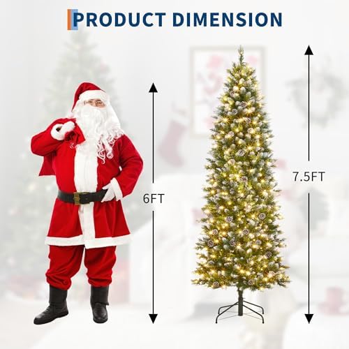 7.5ft Snow Flocked Artificial Pencil Christmas Tree, Unlit Slim Xmas Tree with Pine Cones, PVC Branch Tips Metal Stand, for Indoor Holiday Home/Office Decor