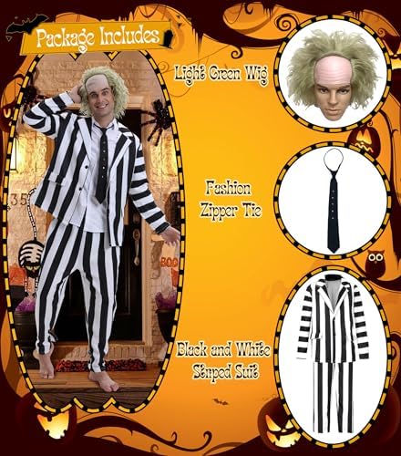 4 Pcs Black and White Stripe Suit with Wig - Adult Halloween Cosplay Outfits for Movie Role Play, Horror Theme Party