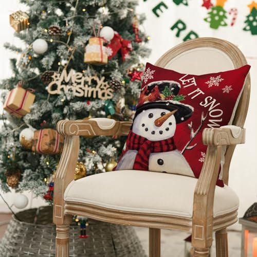 AVOIN colorlife Merry Christmas Let It Snow Snowman Red Throw Pillow Covers, 20 x 20 Inch Xmas Tree Holiday Cushion Case Decoration for Sofa Couch Set of 4