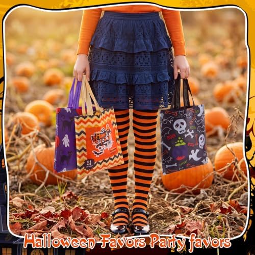 Sweetude 120 Pcs Halloween Tote Bags Bulk Trick Treat Bag with Handles Reusable Non Woven Halloween Treats Party Gift Favors Bags for Kids(Skull & Ghost)