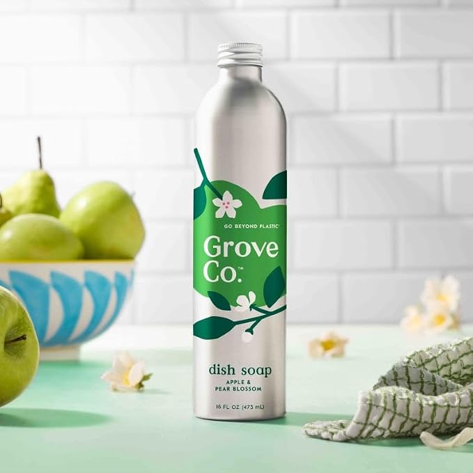 Grove Co. Apple & Pear Blossom Dish Soap Refill Bundle, 3-Pack of 16 oz Aluminum Bottles with Reusable Glass Soap Dispenser, Natural Fragrance Grease-Cutting Plant-Based Formula
