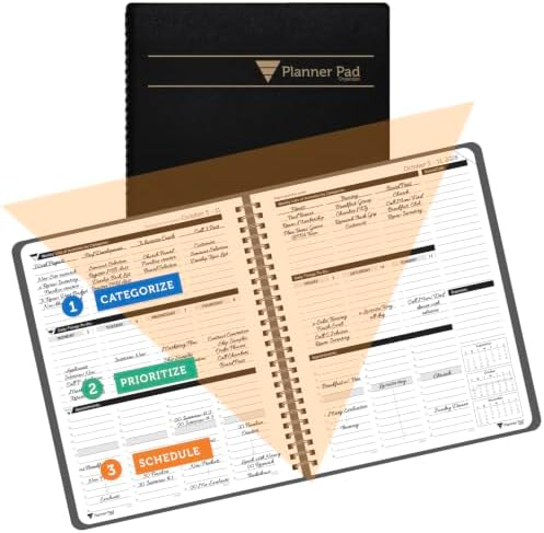 Planner Pad Spiral Bound October 2026 – September 2027 6 3/4" x 8 1/2" Medium 3-Tier Funnel Down 12 Month Organizer, Black Cover/Black Ink