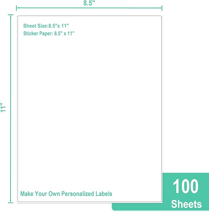 L LIKED 8.5x11 Printable White Sticker Paper Full Sheet Label, Matte, for Laser & Inkjet Printing (100 Sheets)