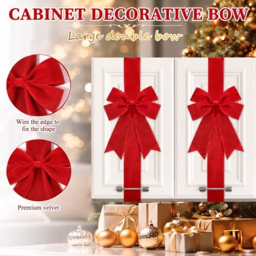 Daifunli 9 Pcs Bright Red Velvet Christmas Cabinet Bows Ribbons for Kitchen