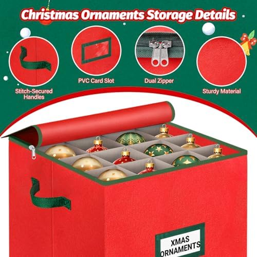 StorageRight Christmas Tree Bag & Ornament Storage Box Set, Water-Resistant 7.5 Ft Tree Storage & 64-Compartment Organizer with Dividers, Tag Pockets & Handles, Heavy-Duty Xmas Decor Containers, Red