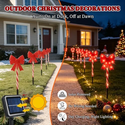 Solar 5PCS Christmas Bow Outdoor String Lights with Stakes Decor Red
