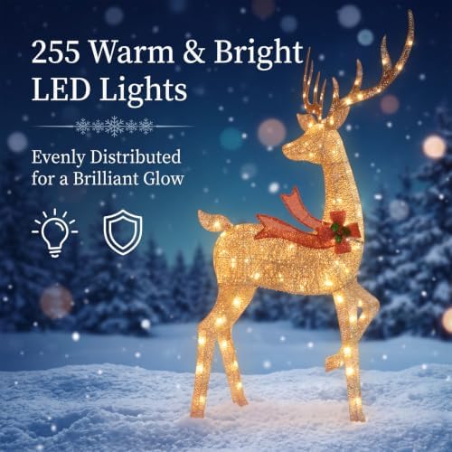 5.7FT Christmas Reindeer Family Set, 4Pcs 3D Christmas Decorations Outdoor Deer with 255 LEDs Outdoor Yard Decoration, Stakes, Zip Ties - Gold