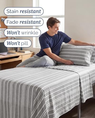 Twin XL Size 3 Piece Sheet Set - Breathable & Cooling Sheets - Grey Stripes