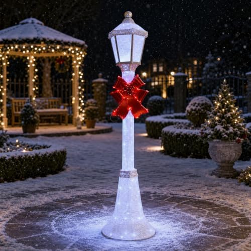 60-Inch Outdoor Christmas Decorations Outdoor Lighted Lamp Post 3D Lamppost LED Lighted Post Christmas Decoration with 128 LED Lights & Bow Holiday Decorations for Yard, Porch, Patio