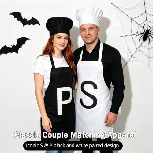 4 Pcs Salt and Pepper Costume Set for Adults - Classic Condiment Themed Couple Outfit - P & S Apron, Black & White Chef Hat - Matching Pair Costume Accessories for Adult Halloween Party