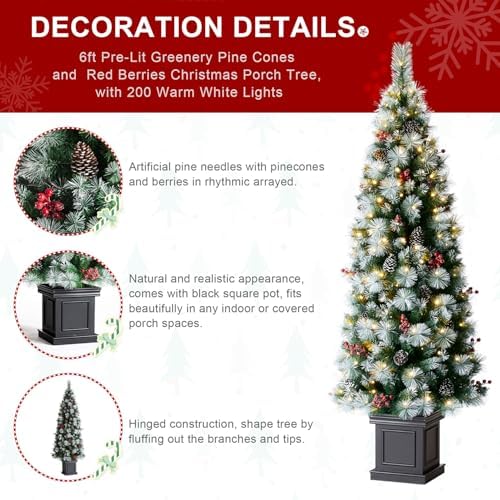 Glitzhome 6 FT Christmas Tree, Pre-Lit Artificial Entrance Trees Greenery Pine Cones and Red Berries Christmas Porch Tree with 200 Warm White Lights for Front Door, Porch, Entryway