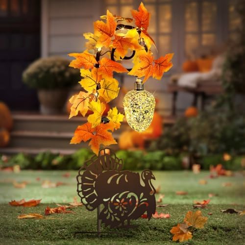 Thanksgiving Decorations Outdoor,Metal Turkey Solar Lights Garden Stakes