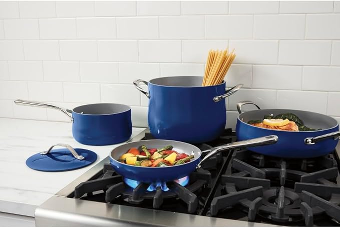 Cuisinart Ceramic Cookware Set, Nonstick 12-Piece Pots and Pans Set for Even Heat Cooking, Dishwasher Safe, Stainless Steel Handles & Easy Cleanup, Sapphire, 34C-12SP