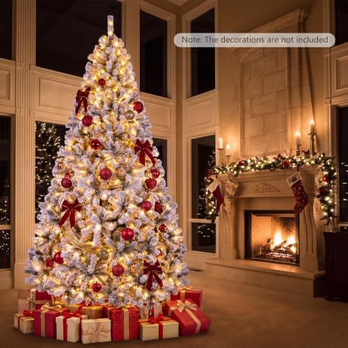 Happygrill 9FT Christmas Tree, Premium PVC Needles, 1498 Branch Tips, Pre-Lit Flocked Snow Hinged Pine Tree with Solid Metal Stand, 550 LED Lights, Ideal for Holiday Decoration, White