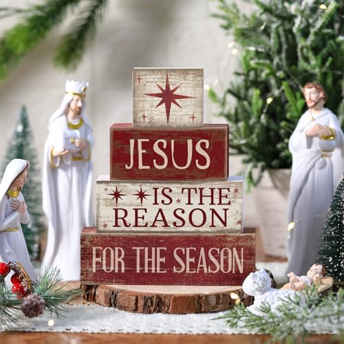 Lineshading 4 Pcs Christmas Table Decor, Wooden Nativity Scene Block Signs