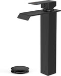 FORIOUS Matte Black Vessel Bathroom Sink Faucets 1 Hole, Tall Waterfall Bathroom Faucet Single Handle with Pop Up Drain and Supply Lines, Deck Mount