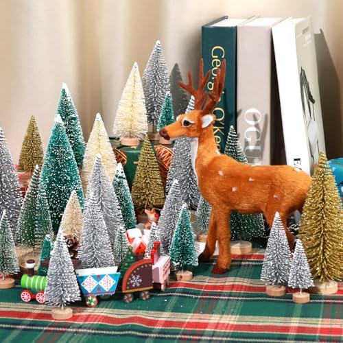 30Pcs Mini Christmas Trees Artificial Christmas Tree Bottle Brush Trees with Wooden Base for Decor Christmas Party Home Table Craft Decorations(Multicolor)