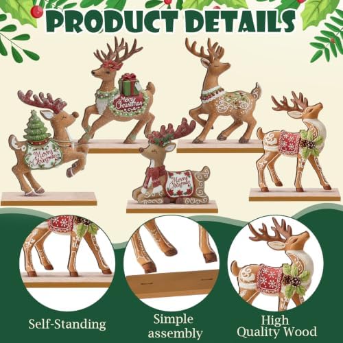 RattanView 5 Pcs Gingerbread Christmas Table Decorations Wooden Ginger Bread Reindeer Decor Christmas Centerpiece Ginger Bread Village Xmas Reindeer Tiered Tray Home Decor with Base for Party