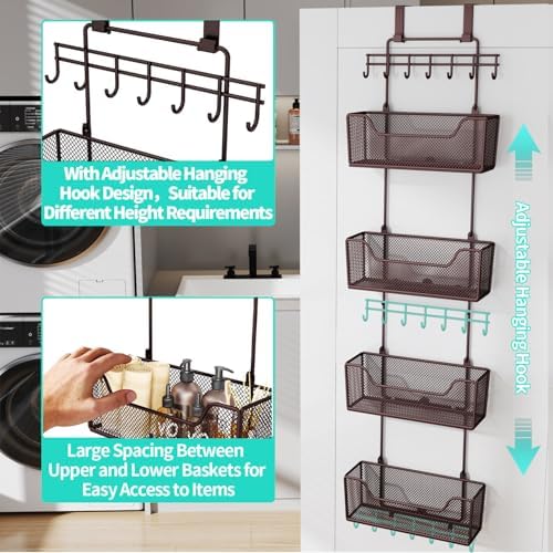 HapiRm Over The Door Organizer - Hanging Door Organizer with 4 Metal Large Capacity Baskets and Adjustable Coat Hook for Bathroom Bedroom Kitchen Pantry Closet Cabinet