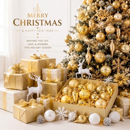 CroBlissful 118 Pcs Christmas Tree Ornaments Set Including Ornaments Balls, Hanging Snowflakes Icicle, Mesh Ribbon, Tree Top Star, Flower, Berries Stems for Xmas Trees Holiday Decor(Gold)