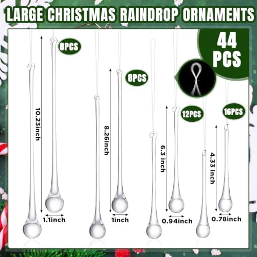 44 Pcs Crystal Glass Teardrop Christmas Ornaments, 4 Large Size