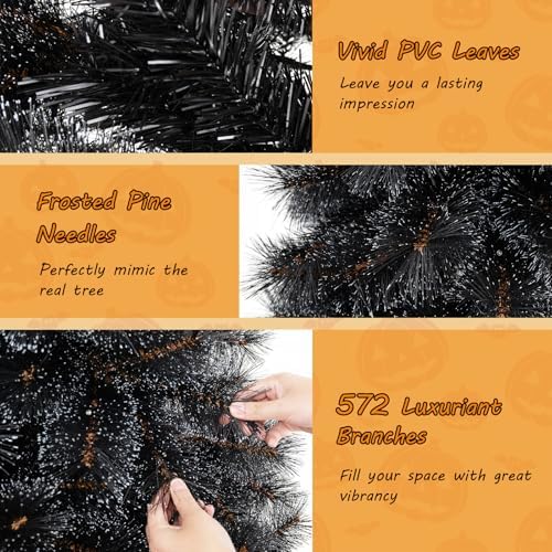HAPPYGRILL 7 FT Pre-lit Black Christmas Tree, Artificial Halloween Tree w/572 Branch Tips, Frosted Pine Needles, 320 White LED Lights, Folding Metal Stand & Gloves, Hinged Xmas Tree for Carnival