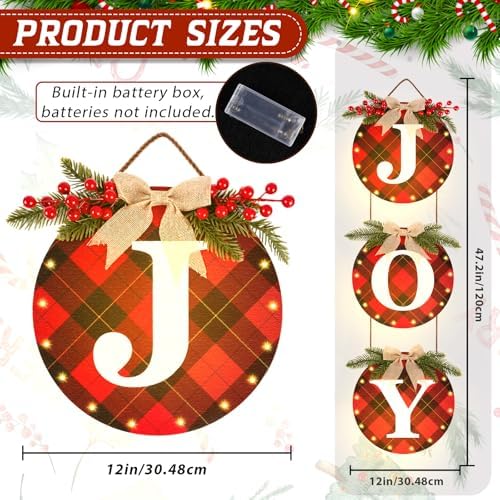 Lighted Christmas Joy Door Sign, Wooden Buffalo Plaid Decor with LED Lights