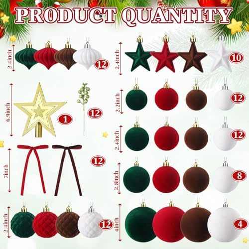 Hollowfly 95 PCS Velvet Christmas Tree Decor Set, Red, Green, Brown, White