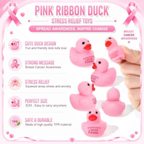 Thenshop 50 Pcs Pink Ribbon Rubber Duck Relief Favors, Awareness Gifts