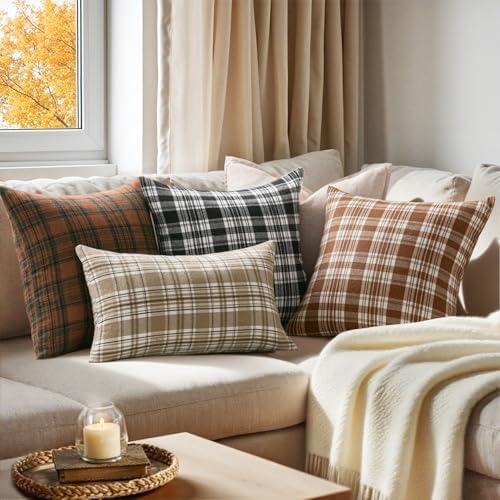 MIULEE Fall Plaid Pillow Covers Scottish Tartan 18x18 Neutral Khaki