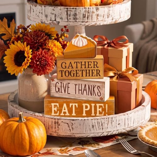 Moucuny 4 Pcs Fall Coffee Table Decor Wooden Pie Topper Thanksgiving