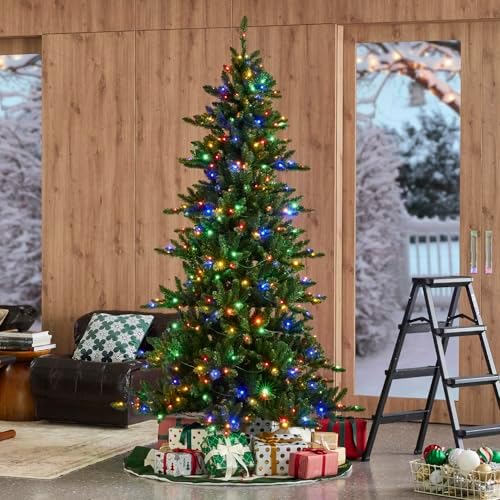 Glitzhome 7.5ft Prelit Christmas Tree, Artificial Christmas Tree Emerald Elegance Slim Green Fir Tree with 400 LED Lights, 1336 Branch Tips, 9 Functional Warm White/Multi-Color, Remote Controller