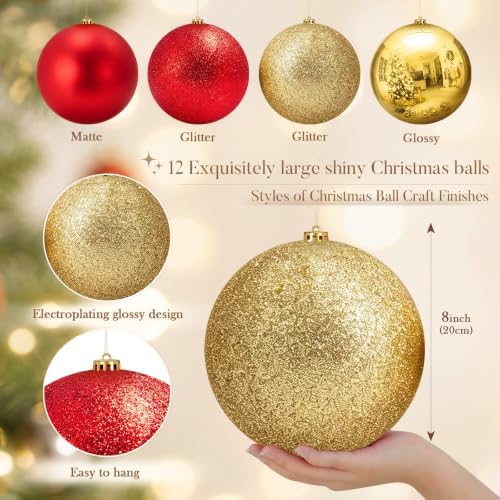 Jenaai 12 Pcs Large Christmas Ball Ornaments 8 Inch Big Oversized Shatterproof Christmas Tree Decorations Matte Glitter Giant Jumbo Plastic Hanging Baubles for Xmas Holiday Party Indoor Outdoor