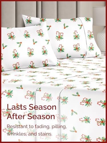Christmas Sheet Set, Candy Cane Mistletoe, Holiday Xmas Bedding Set - Queen