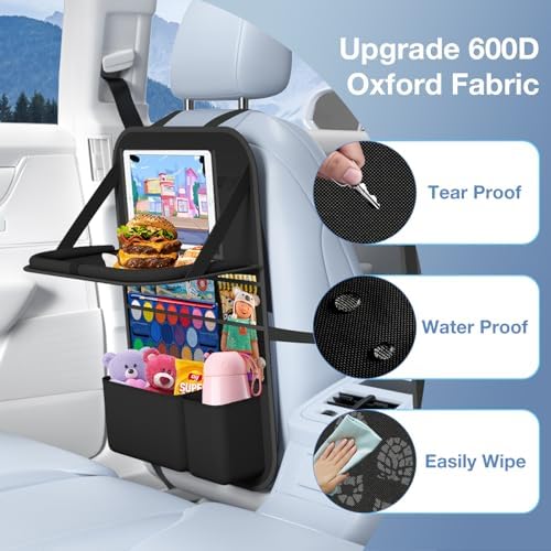 Car Backseat Organizer with Table Tray(2-Pack) 9 Storage Pockets Backseat Car Organizer and storage with Tablet Holder, Kick Mats Back Seat Cover for Kids family Road Trip Essentials Travel