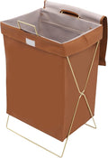 X-Frame Laundry Basket with Lid, Foldable Laundry Hamper, Gold Metal Collapsible Bag Sorter Organizer, Luxury Folding Dirty Clothes Washing Bin (Gold Frame+ Brown Bag)