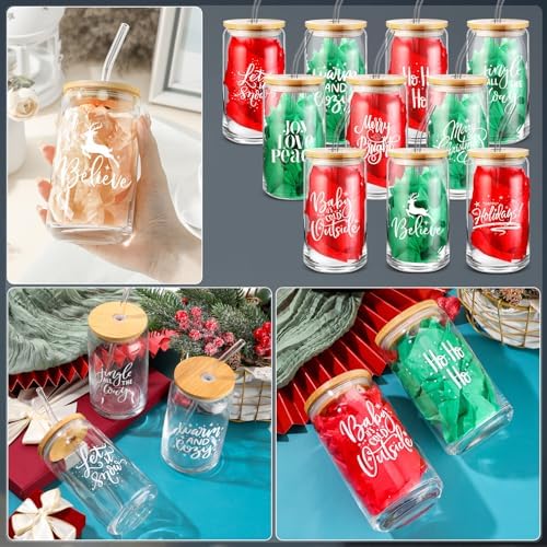 31 Pcs Christmas Glass Cups with Lids Straws 1 Set(30sheet) Gift Paper