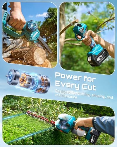 SEESII 4-in-1 Electric Mini Chainsaw, Battery Hedge Trimmer & Pruner Combo