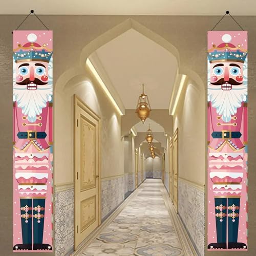 2PCS Christmas Nutcracker Porch Banner Decorations 71 x 12 Inch Pink Nutcracker Soldier Hanging Sign Vertical Holiday Wall Decor for Indoor Fireplace Doorway Winter Party Setup