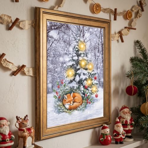 Framed Sleeping Fox Christmas Canvas Wall Art Gold Frame Inch 12x16