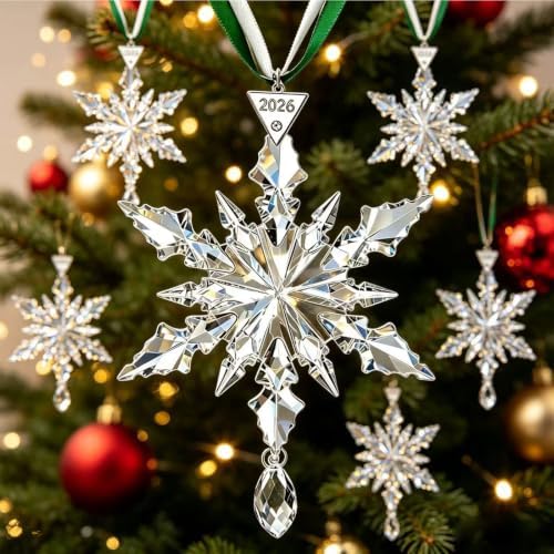 2026 Annual Christmas Ornaments Crystal Snowflake Star - Christmas Tree Ornaments Pendant Sun Catcher Home Hanging Decor (2026 Transparent White Pendant Style)