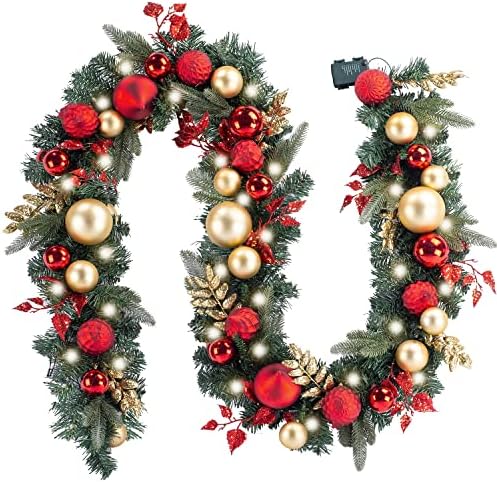 WANNA-CUL Pre-Lit 9ft Christmas Garland with Lights 50 LED Red Gold Baubles