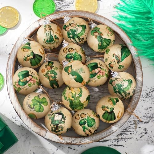 Outus 16 Pcs Vintage St. Patrick's Day Tree Ornaments Ball St. Patrick's Day Decorations for Tree Vintage Style Shamrock Luck Irish Hanging Ornaments Farmhouse Home Decoration Holiday Party Favors