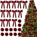 24 Pcs Red Velvet Christmas Tree Decor Set, Balls 3.15" and Bows 6" x 9"