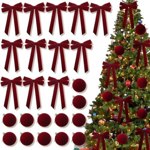 24 Pcs Red Velvet Christmas Tree Decor Set, Balls 3.15" and Bows 6" x 9"