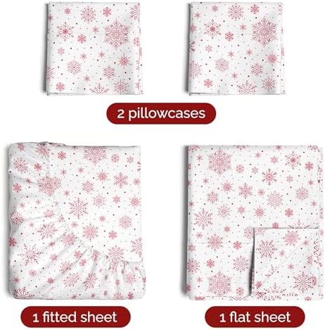 Christmas Sheet Set, Red Snowflakes, Holiday Xmas Bedding Set - Full Size