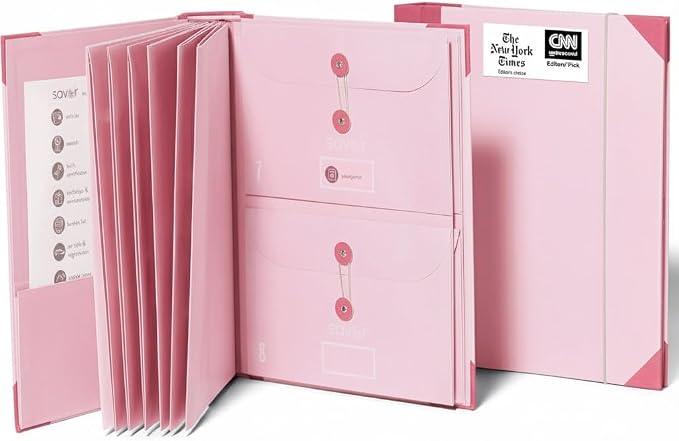 The Folio® Important Document Organizer by Savor | Binder with Guided Labels, Acid-Free File Folder Organizer with 10 Pockets, Document Holder for Home Records, Legal and Medical Papers (Pink)